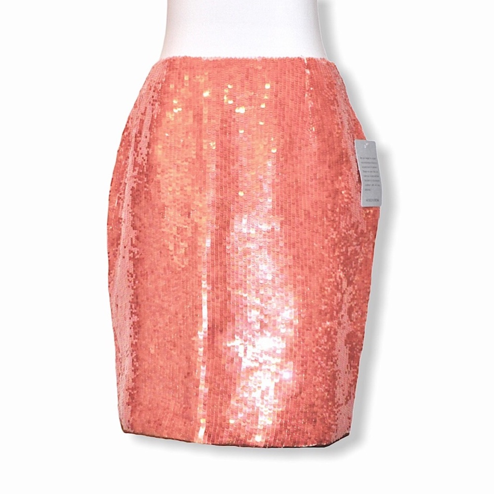 Oleg Cassini Black Tie Salmon Pink-Orange Sequin Silk Pencil Mini Skirt Size 12